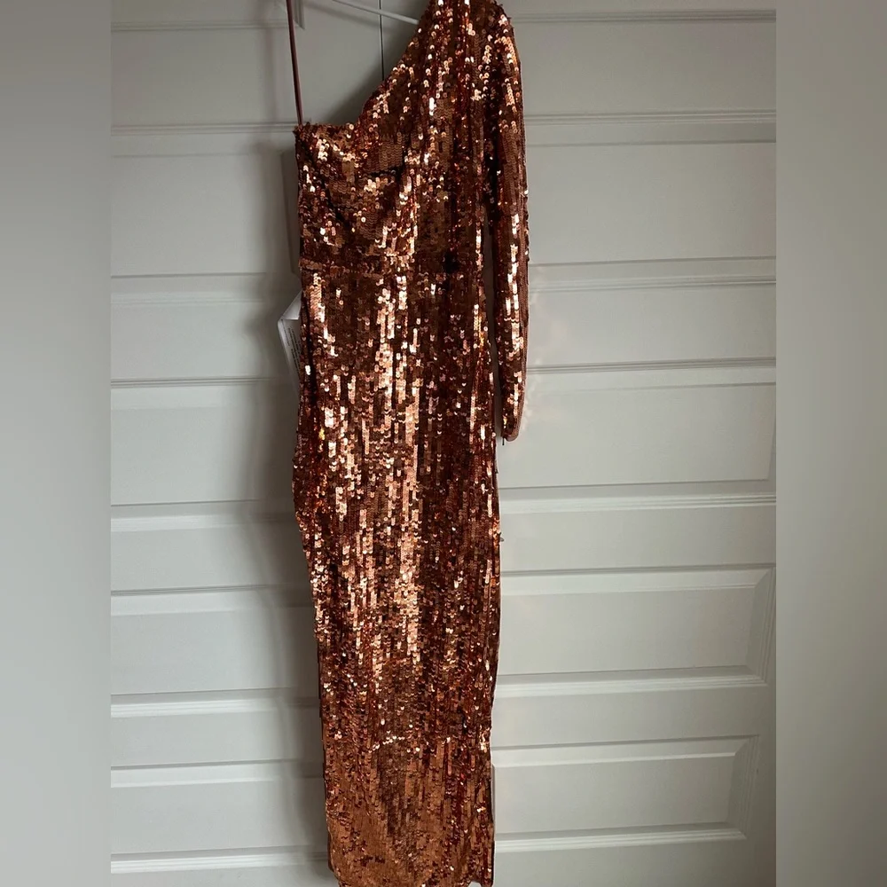 Mac‎ Duggal Sequined One Sleeve Column Gown- Copper